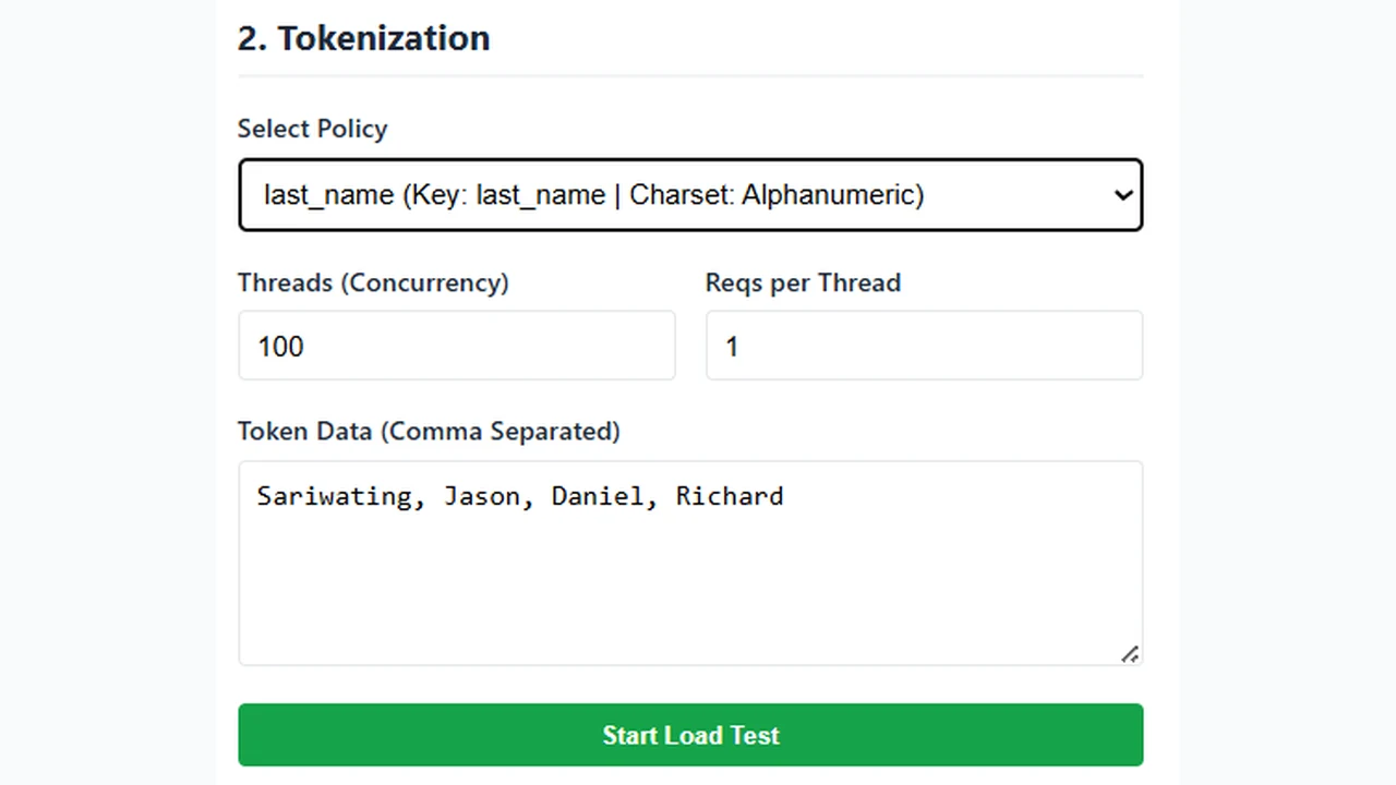 CSP Tokenization Tool & Load Tester interface capture